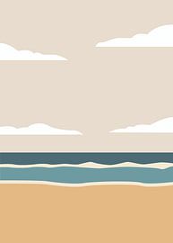 Minimalistische, platte vectorillustratie van een rustig strandlandschap met blauwe golven en zachte wolken.