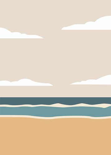 Minimalistische, platte vectorillustratie van een rustig strandlandschap met blauwe golven en zachte wolken.