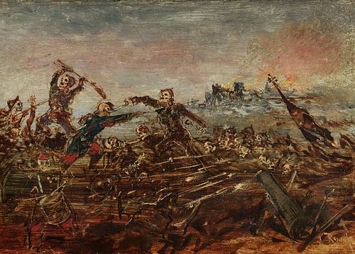 Anton Romako, Danse Macabre op het slagveld voor brandende ruïnes, ca 1885