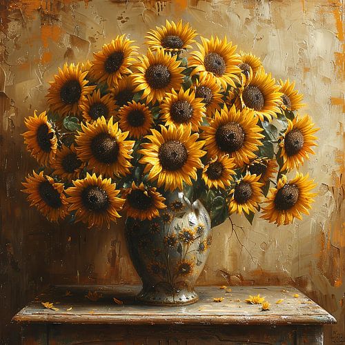 Klassiek stilleven met zonnebloemen in een vaas