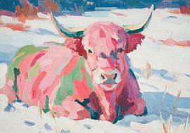 Une vache des hautes terres aux couleurs vives dans la neige