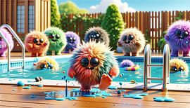 Des monstres ludiques s'amusent à patauger dans la piscine sur artefacti