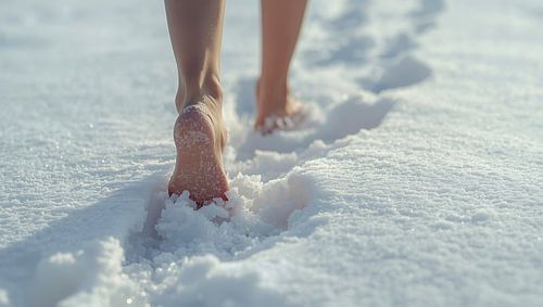 Vrouw op blote voeten in de sneeuw