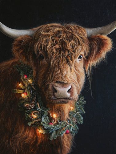 Highlander écossais avec couronne de Noël et lumières chaudes sur fond sombre