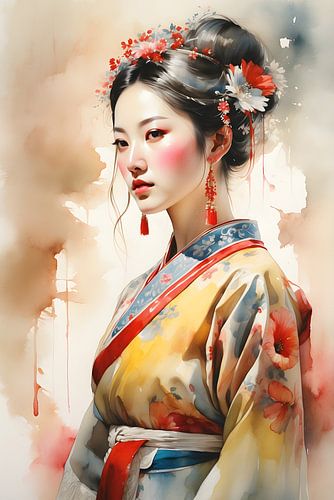Aquarel portret van een sierlijke Oost-Aziatische vrouw