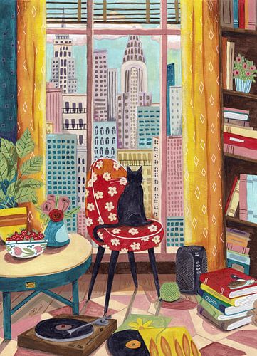 Chat devant une fenêtre à New York, couleurs vives