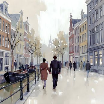 Hand in Hand along Amsterdam's Canals - Watercolour Fine Art Print