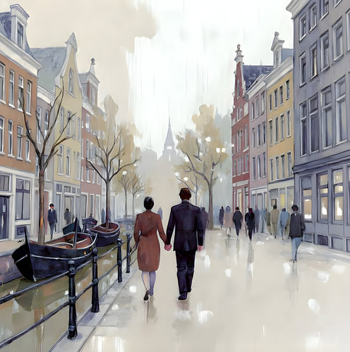 Main dans la main sur les canaux d'Amsterdam - Gravure aquarelle d'art