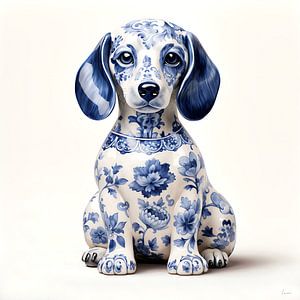 Mignon teckel assis en bleu de Delft