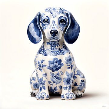 Cute sitting dachshund in Delft Blue by Lauri Creates