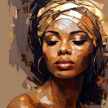 Portret van vrouw in gouden en donkere warme tinten