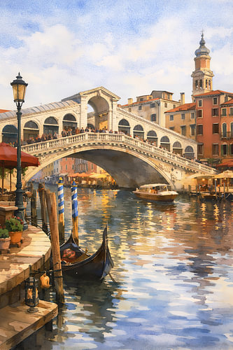 Aquarel van de Rialtobrug. De Rialtobrug in Venetië, Italië