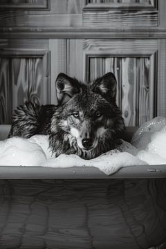 Wilder Wolf in Badewanne - Ein faszinierendes Badezimmerbild für Ihr WC von Felix Brönnimann