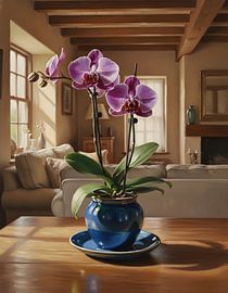 Phalaenopsis violacea-orchidee op een blauw keramisch bord van Regan Frederick