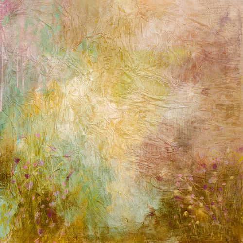 Abstract schilderij, bloemenweide, aardetinten, roze en paars