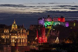 Edinburgh Castle and city centre illuminations, Scotland, UK  by Arch White