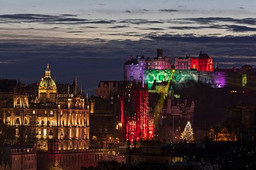 Edinburgh Castle and city centre illuminations, Scotland, UK 