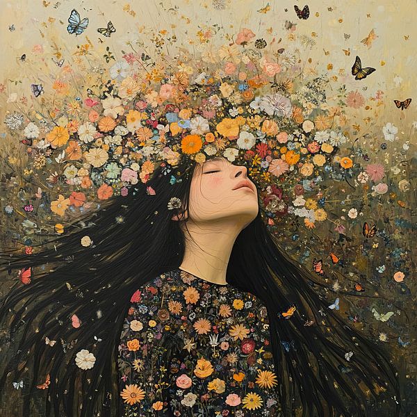 Closed Eyes Flowers Butterflies by Eye catching paintings