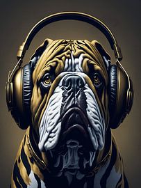 English bulldog with headphones by Santiago Diaz Leon