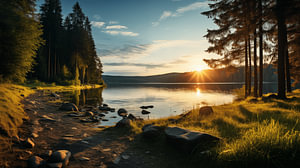 Sonnenuntergang über dem Fluss in der Waldlandschaft