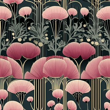 Art Deco Roze Bloemen | Muur Behang van Karina Brouwer