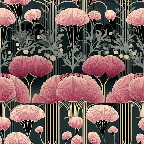 Art Deco Pink Flowers | Wall Wallpaper