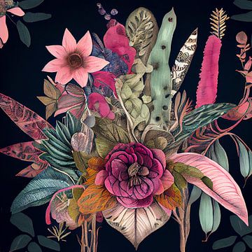 Botanische bloemen op een donkere achtergrond van Carla van Zomeren