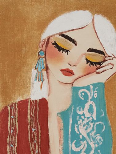 Portret in warme pastelkleuren, hippe illustratie