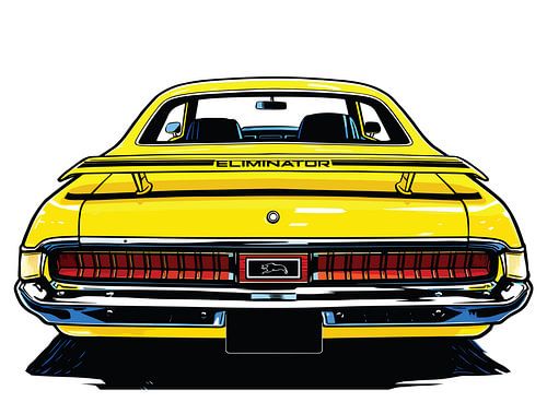 Retro geel muscle car achterkant pop art portret