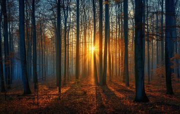Gouden ochtendstralen in het herfstbos van fernlichtsicht