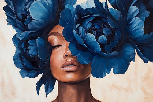 Frauenschönheit mit blauen Blumen