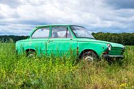 Groene Daf personenauto in een Zomers weideveld van Evert Jan Luchies thumbnail