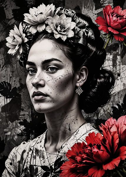 Abstract black and white Frida de Rivera by Inspire Art