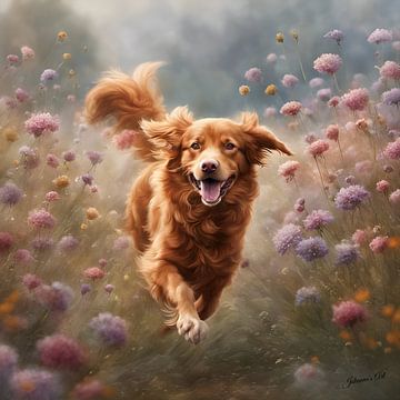 Nova Scotia Duck Tolling Retriever spelend in een bloemenveld van Johanna's Art