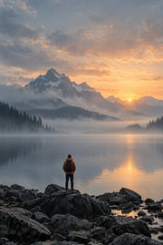 Stiller Bergsee im Morgennebel von Albert Klee