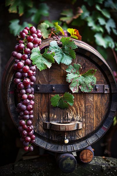 Raisins en treillis et tonneaux en bois dans le vignoble par Art & Soul Creations