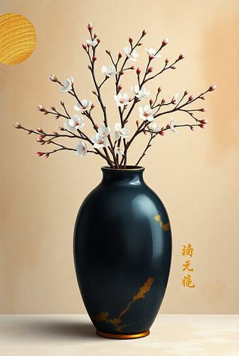 Kintsugi bloesem in nachtblauwe vaas