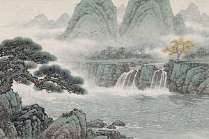 Japanische Berglandschaft im Nebel