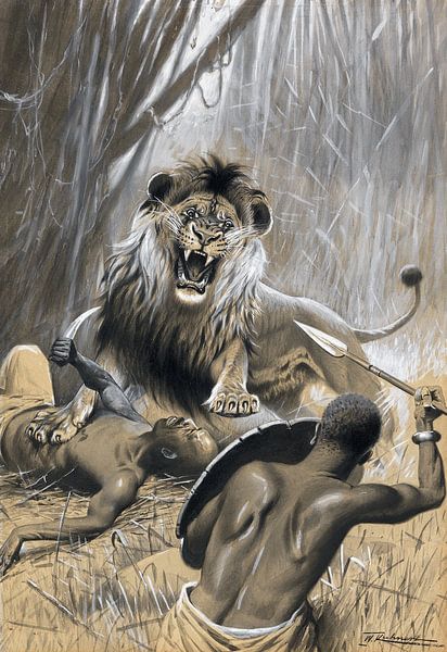 Hunting for the lion, WILHELM KUHNERT, 1894-1895 by Atelier Liesjes