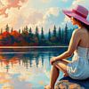 Femme au bord d'un lac au coucher du soleil sur AidasignArt