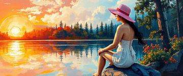 Woman at the lake in the sunset by AidasignArt