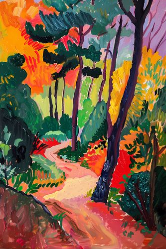 Kleurrijk schilderij van een boslandschap