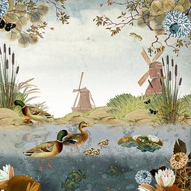 Dutch landscape with ducks and windmills