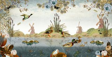 Paysage néerlandais avec canards et moulins à vent sur Studio POPPY