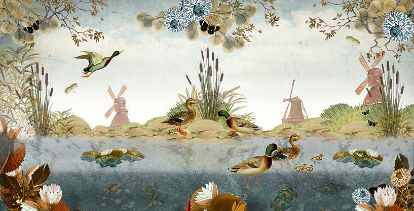 Paysage néerlandais avec canards et moulins à vent par Studio POPPY