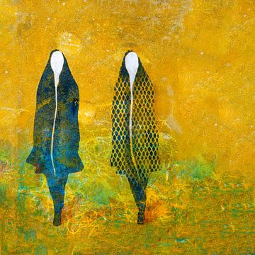 Two women in the golden yellow Sahara by Lida Bruinen