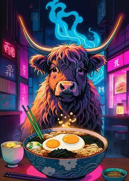 Hooglandse koe die Ramen Noodle eet van MIROKKU