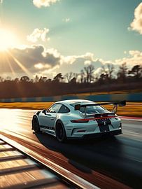 Porsche 911 GT3 RS blanche en excès de vitesse sur circuit mouillé