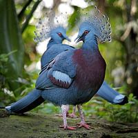 deux pigeons couronnés aux yeux rouges se tenant gentiment l'un derrière l'autre
