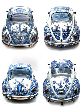 Collage van vier verschillende VW kever auto's met Delfts blauwe body